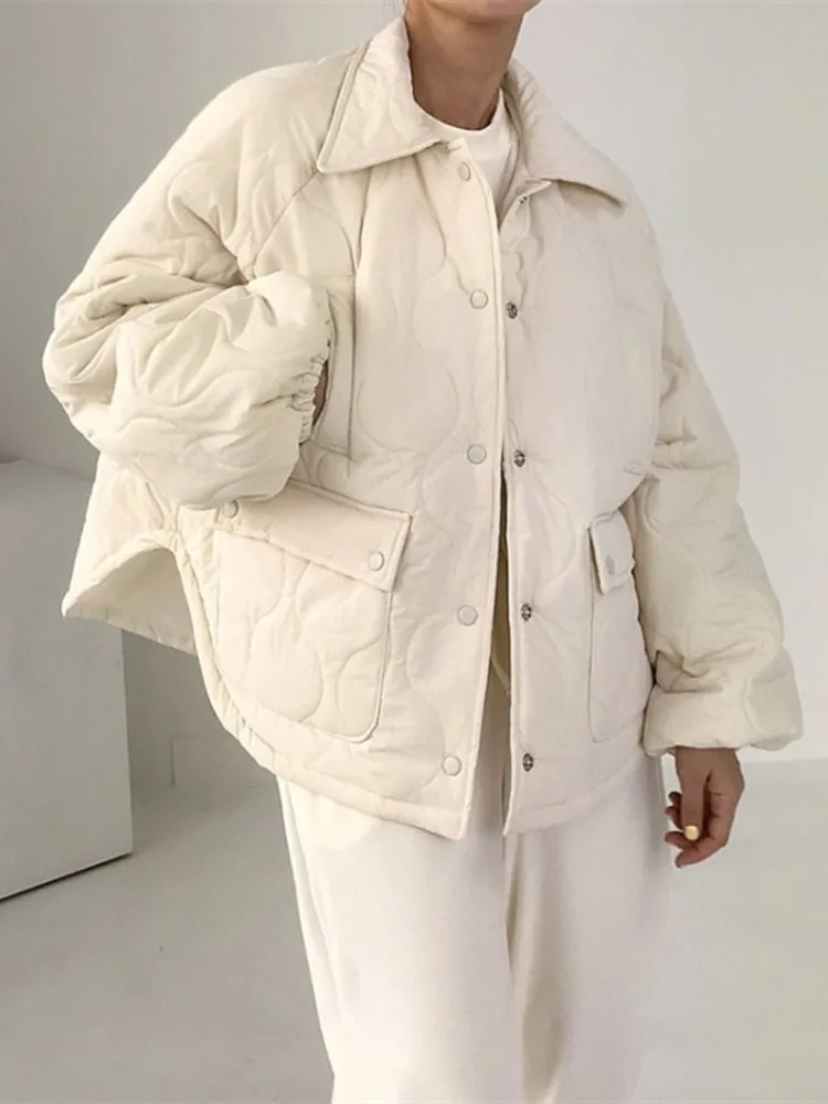 GUUZYUVIZ Oversized Winter Coat For Women Autumn Winter Turn-down Collar Pocket Diamond Parkas Women Casual Warm Thick Jancket