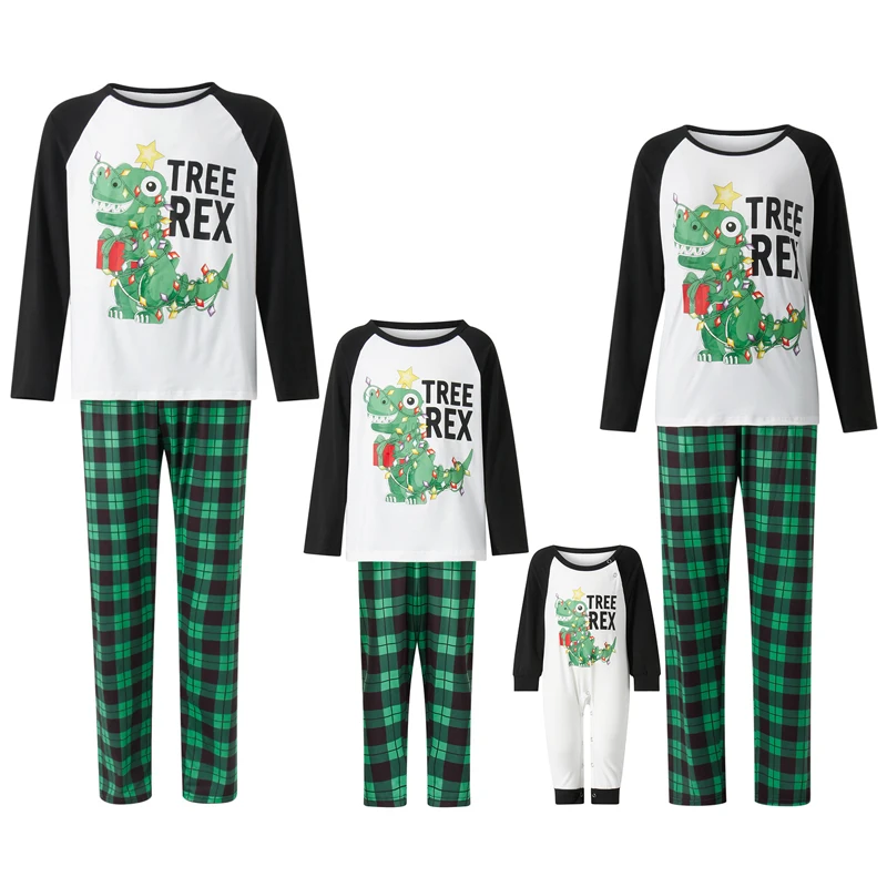 

Рождественская Пижама для всей семьи, комплект одежды из футболки с длинным рукавом и надписью динозавра + брюки в клетку