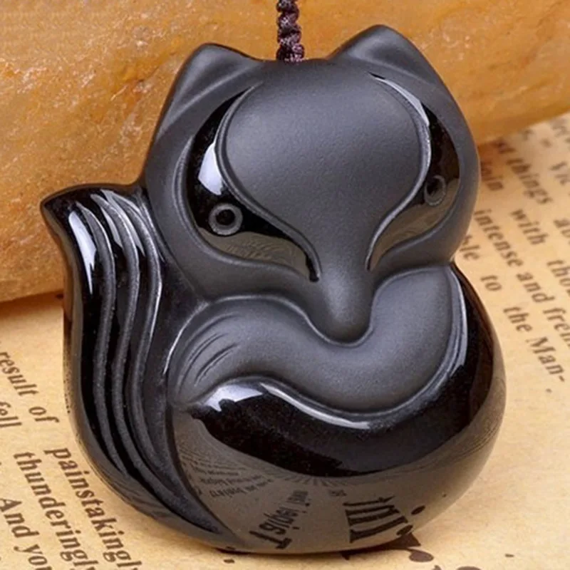 

Chinese Natural Obsidian Hand-carved Fox Jade Pendant Fashion Boutique Jewelry Men and Women Necklace Gift Accessories