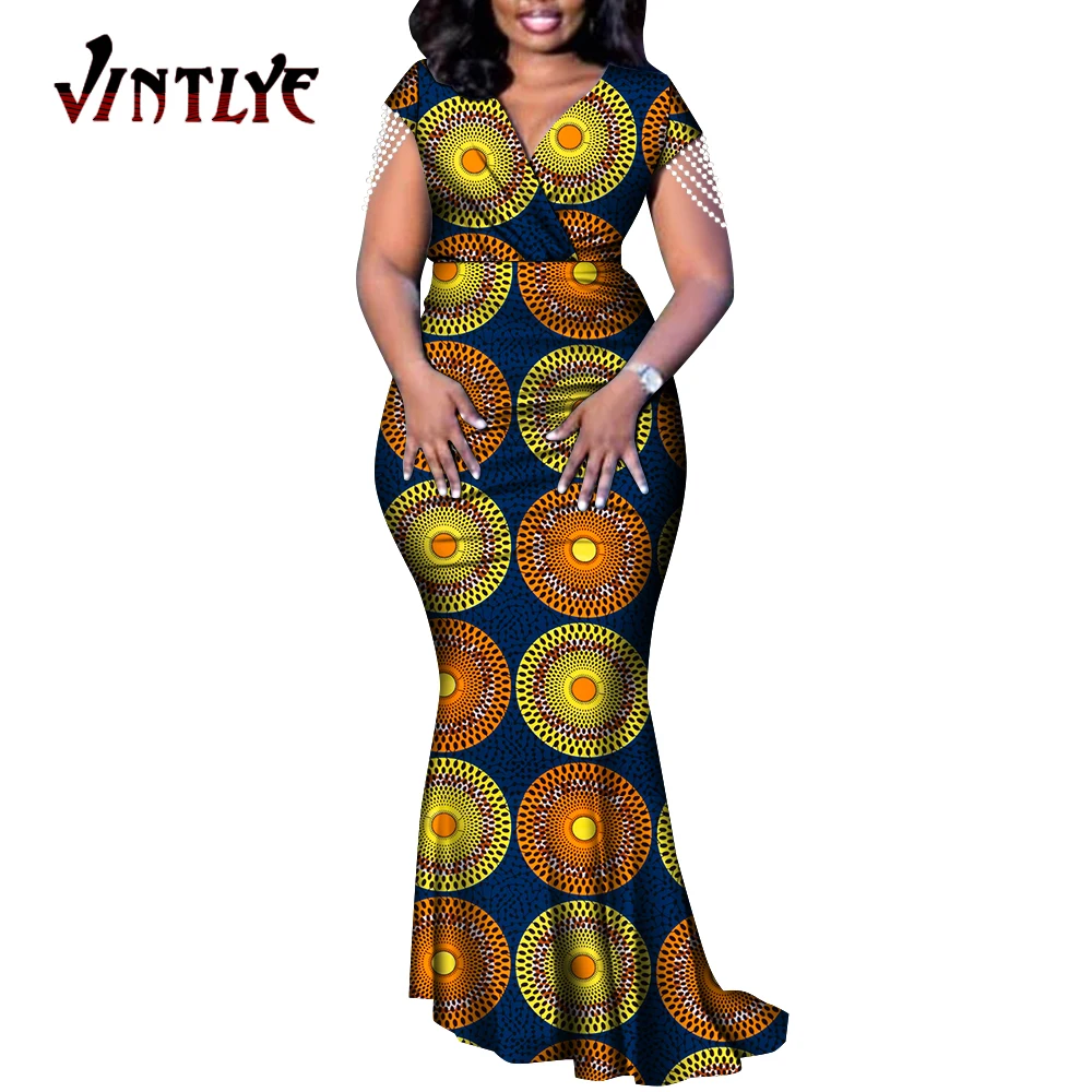 Африканский стиль элегантных вечерних платьев Ankara Fashion с цветочным принтом, V-образным вырезом, складками, жемчужной отделкой и нарядом Dashiki WY9198.