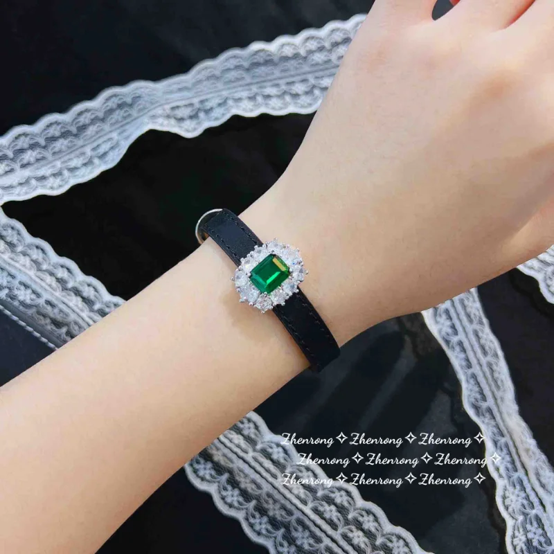

2022 Woman Bracelet Korean Fashion Gothic Simulation Emerald Wristband Dual-Wear Belt Watch Leather Rope Adjustable Bracelet