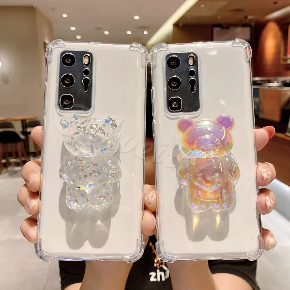 

Ring Phone Holder Clear Cover For Huawei P50 P40 P30 P20 P10 Pro P9 Plus Lite E Case Cartoon Bear Stand Soft TPU Silicone Fundas