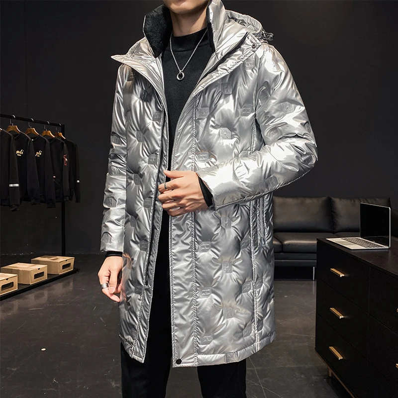 

White Duck Down Jacket Winter Men's Thick Warm Parka Hooded Windbreaker Mid-Length Glossy Overcoat Korean Loose Puffer Jacket