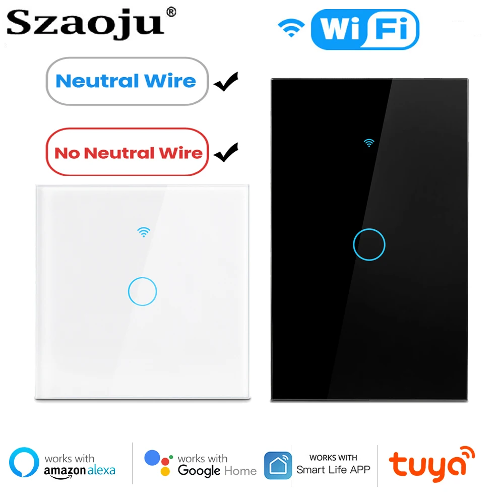 Умный настенный сенсорный выключатель Szaoju Tuya, Wi-Fi переключатель для умного дома, нейтральный провод/без нейтрального провода, поддержка Alexa Google Home