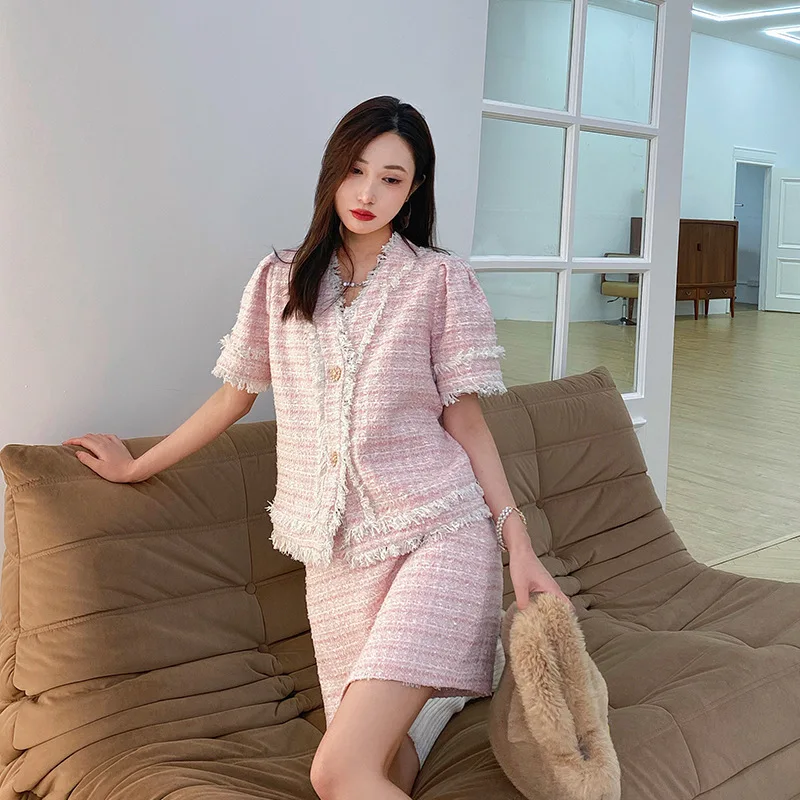 

French 2022 summer new ladies pink senior luxury small fragrance style famous lady temperament short sleeve short skirt suit