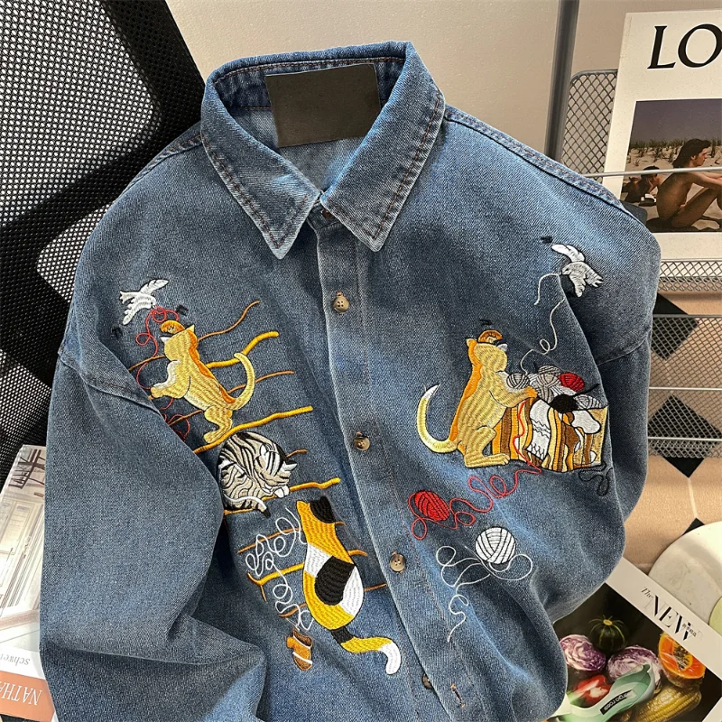 

Embroidered Cat Denim Shirt Men Jackets 2022 Autumn Vintage Style Casual Long Sleeve Casual Denim Jacket Women Top Punk Style