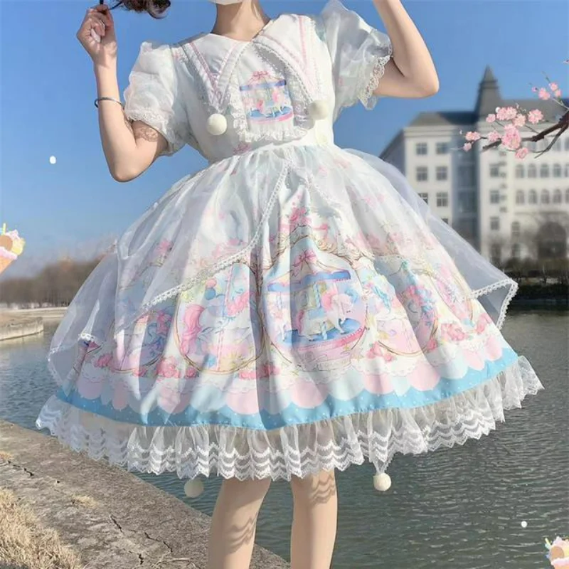 

Japanse Carousel Lolita Dress Women Summer New Retro Cute Printing Lace Short Sleeve Dresses Kawaii Girl Sweet Lovely Mid Dress