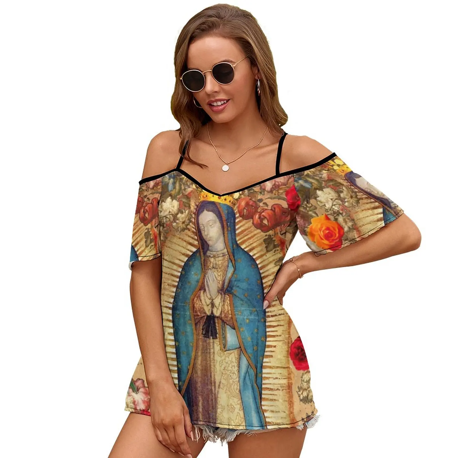 Женская футболка с круглым вырезом модный постер изображением Богородицы Девы