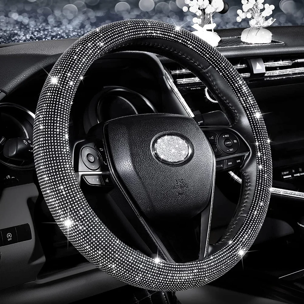 

Car Rhinestones Steering Wheel Cover With Crystal Diamond Sparkling Car Suv Steering Wheel Protector Fit 14 1/2-15 Inch Vehicle