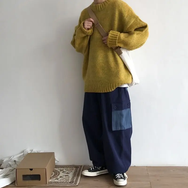 Мужской Свитер оверсайз свитер в гонконгском стиле мужской свободный однотонный