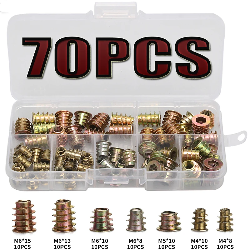 

70Pcs Zinc Alloy Thread M4/M5/M6 For Wood Insert Nut Flanged Hex Drive Head Furniture Nuts Assortment Kit