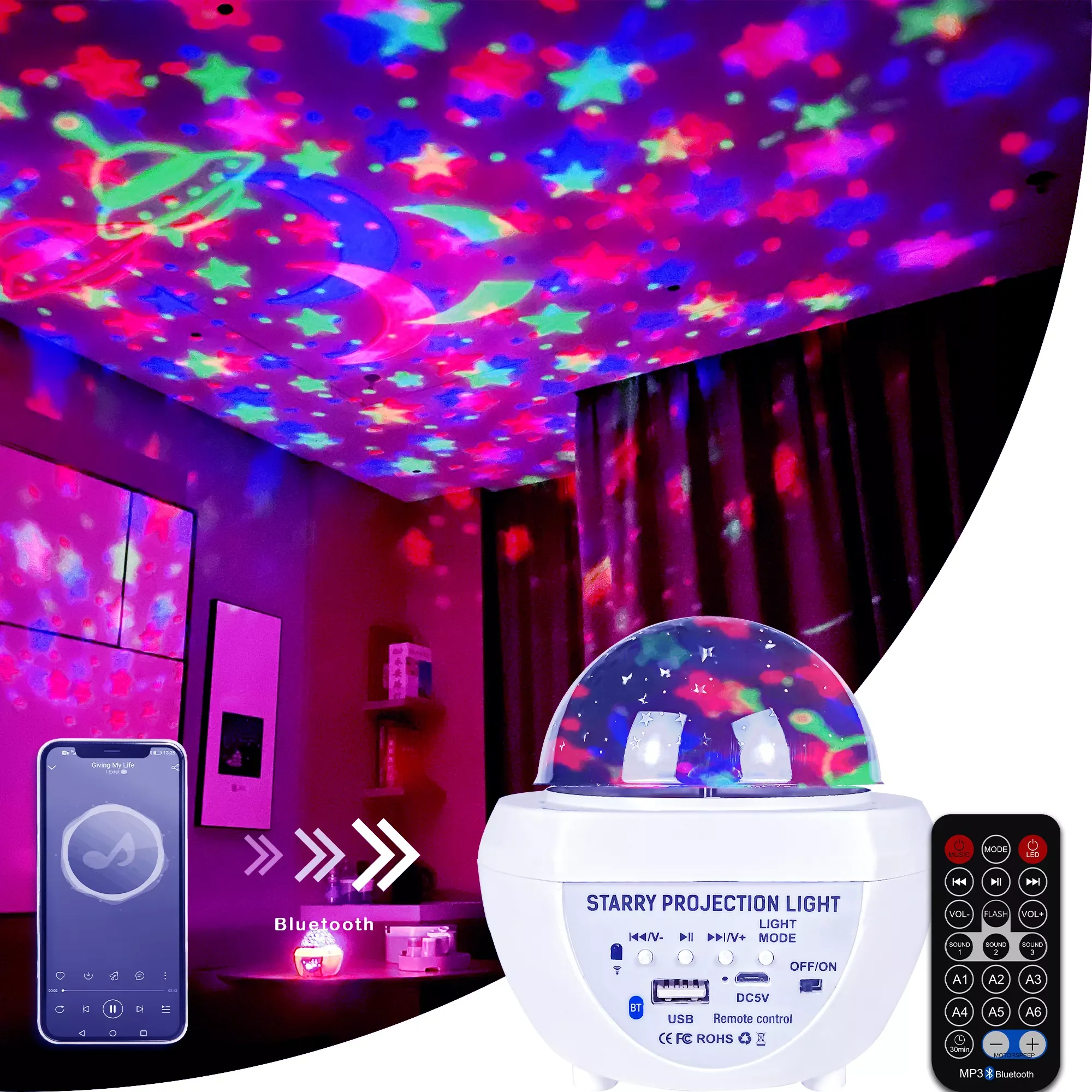 

LED Star Light Projector Night Lights Rotating Star Moon Projection Christmas Lamp With Music Bluetooth Speaker For Childrensrs