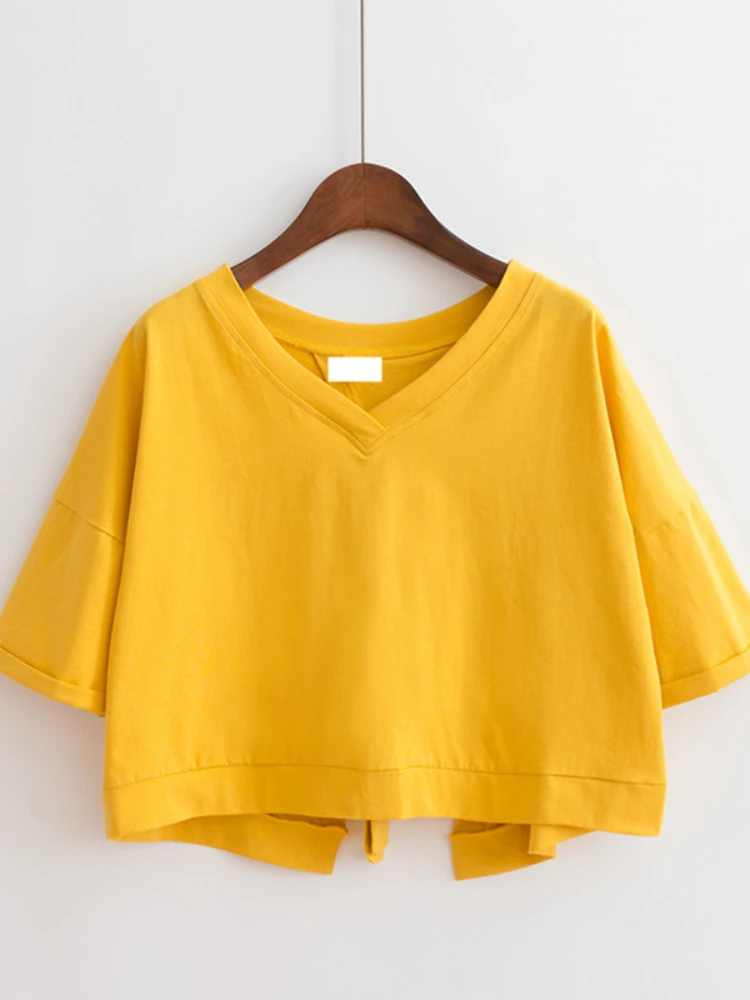 

T-shirts Women Bandage Solid Sexy Female Crop Tops Loose Korean Style Fashion All-match Simple Leisure Summer Tees Cozy