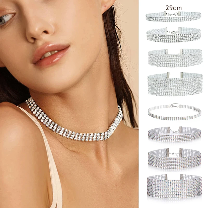 

Trendy Shiny Rhinestone Bundle Necklace Punk Hip Hop Style Choker for Women Girls Thick Chain Party Jewelry Gifts