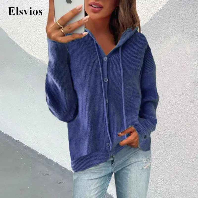 

Women Casual Long Sleeve Hooded Tops Outwear Female Fashion Button Cardigan Coat 2022 Autumn Winter Loose Solid Knitted Sweaters