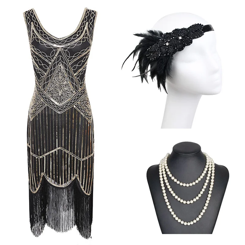 

1920s Vintage Gatsby Sequin Fringed Paisley Flapper Dress with 20s Accessories Set ecoparty vintage 2023 summer dress women 30