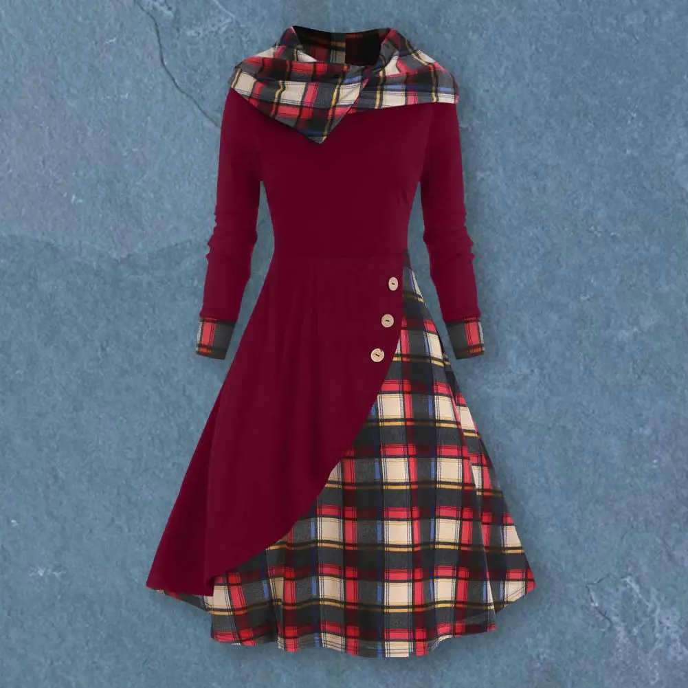 Купи Chic Autumn Dress A-Line Breathable Women Elegant Solid Color Plaid Stitching Midi Dress Soft Women Dress Female Clothes за 579 рублей в магазине AliExpress