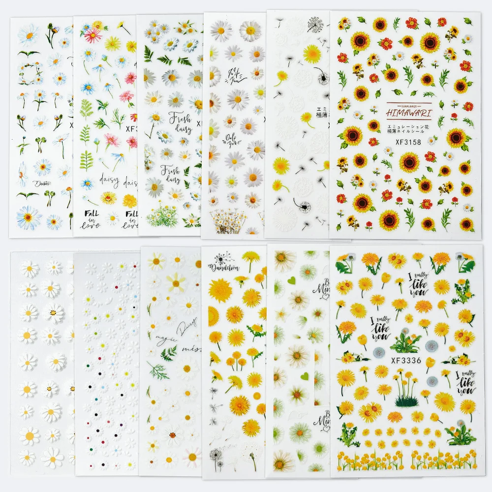 

12Pcs/Set Flower White Daisy Nail Art Stickers Summer Daisy Florals Back Glue Nail Decals For Nail Tips Beauty Sliders