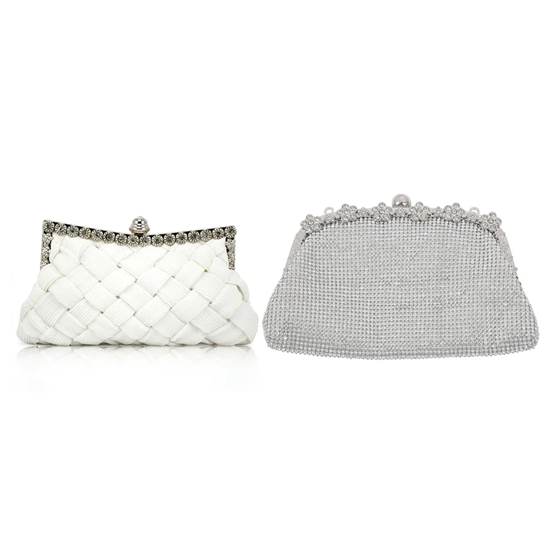 

White Satin Bridal Evening Prom Clutch Handbag Purse & Diamonds Chain Evening Bag Silver Wedding Bags For Bride Women