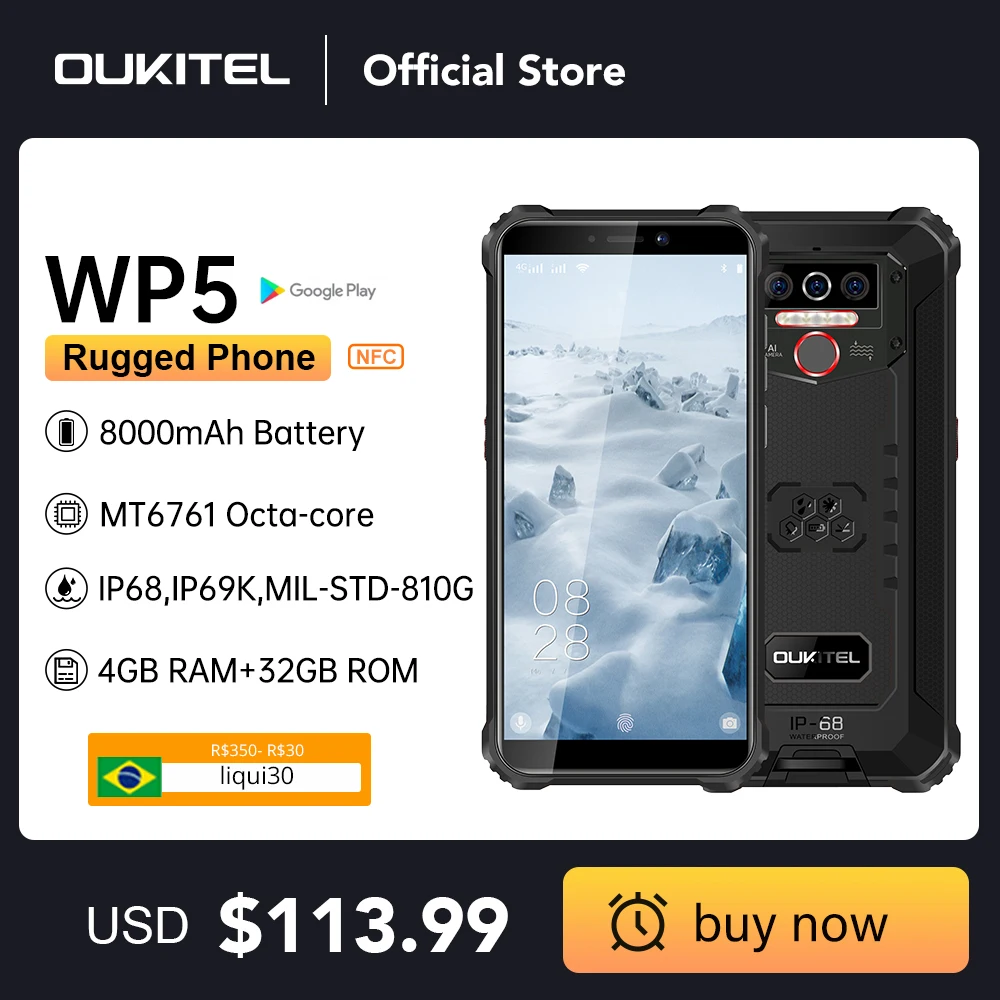OUKITEL WP5 4G Rugged SmartPhone Quad Core 4GB 32GB 8000mAh Mobile Phone 5.5 Inch Waterproof MT6761 Triple Camera Phone