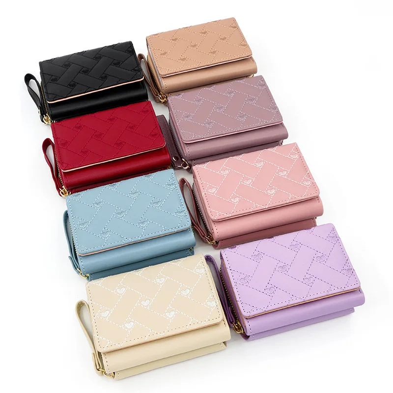 Geestock Women's Wallet for PU Leather Fashion Embroidered Love Tri-fold Small Wallet Card Holder Multi-card Slot Coin Purses