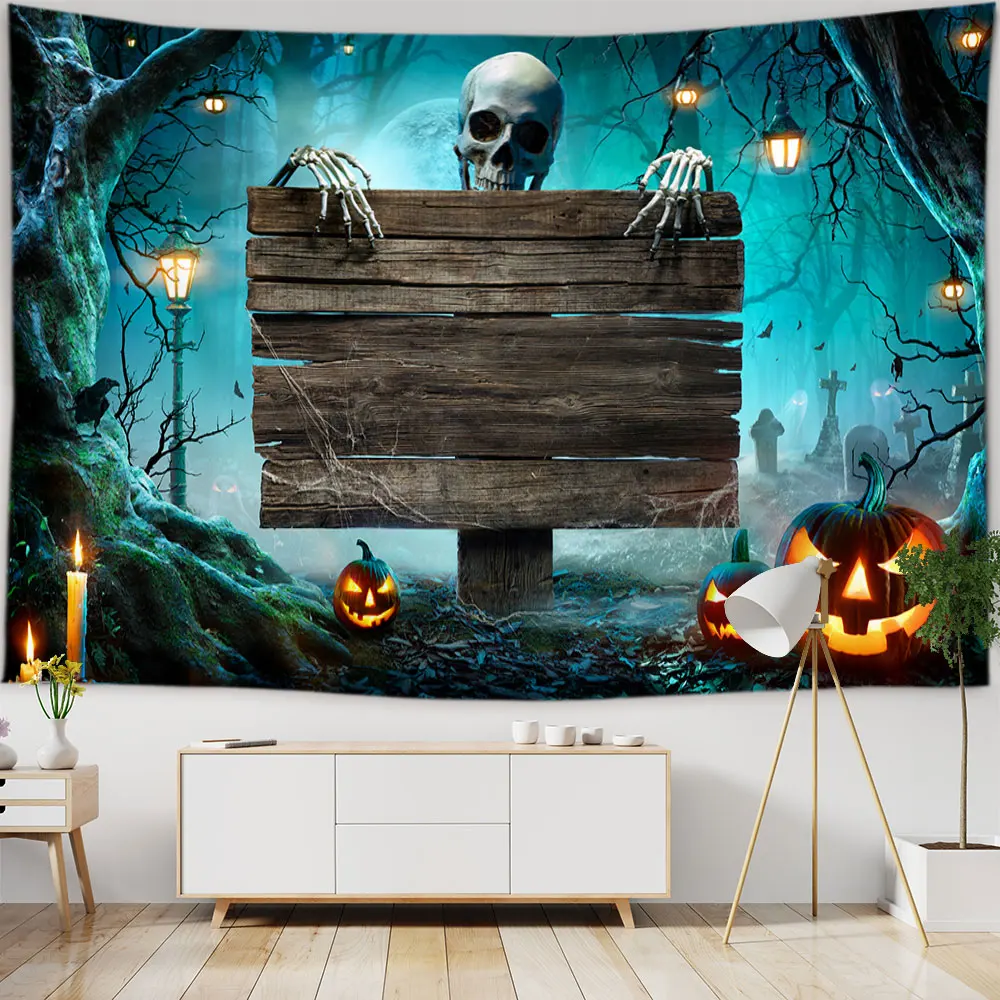 

Halloween Pumpkin Skull Tapestry Horror Wall Hanging Psychedelic Night Castle Tapestry Background Cloth Bedroom Room Decoration