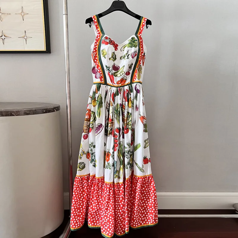 

High Quality 100% Cotton Women's Dress Poplin Vegetable Polka Dot Print Mid Length Suspenders Dress Vacation Party Summer