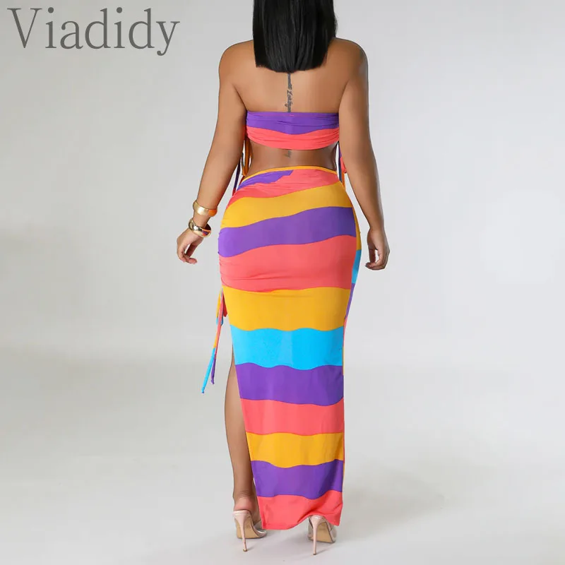 Женский Повседневный сексуальный топ-бандо в полоску и Асимметричная Макси-юбка