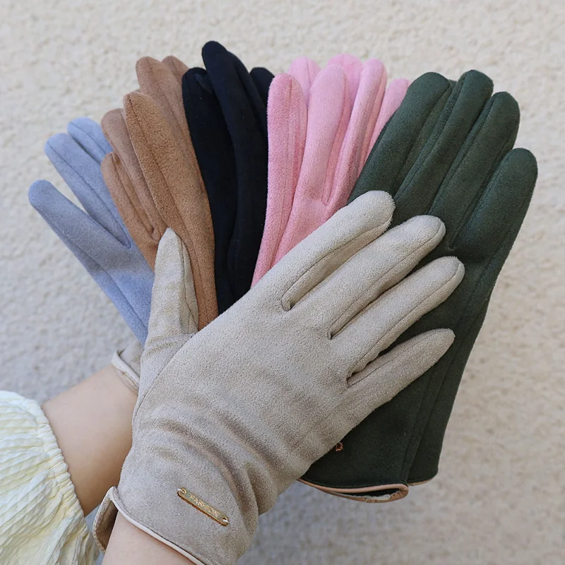 

Suede Leather Female Fashion Winter Gloves Thickened Touch Screen Solid Color Glove Warm Driving Gloves Full Fingers Mittens