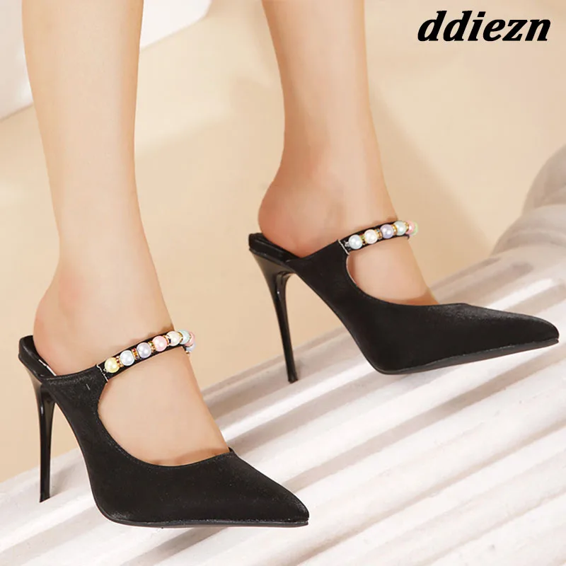 

Туфли-лодочки женские на высоком каблуке, заостренный носок, сланцы, Повседневная Уличная обувь, модные босоножки с бусинами на ремешке, 2023