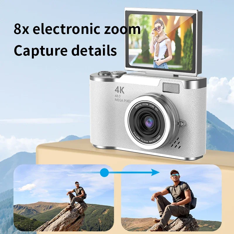 Фото Цифровая камера 4K CCD с 8-кратным цифровым зумом для студентов, компактная цифровая фотокамера 48 МП 180 ° Селфильная камера с откидным экраном 2025г. №3