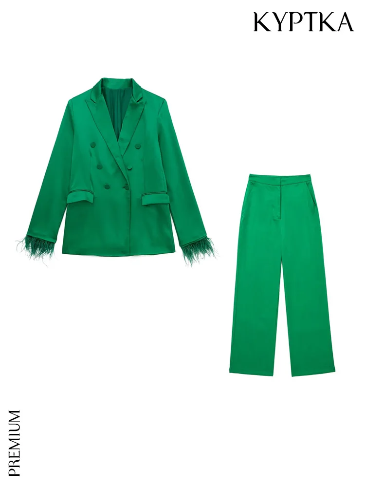 

KYPTKA Women Fashion With Feathers Double Breasted Blazer Coat And High Waist Wide Leg Pants Female Two Piece Sets Mujer