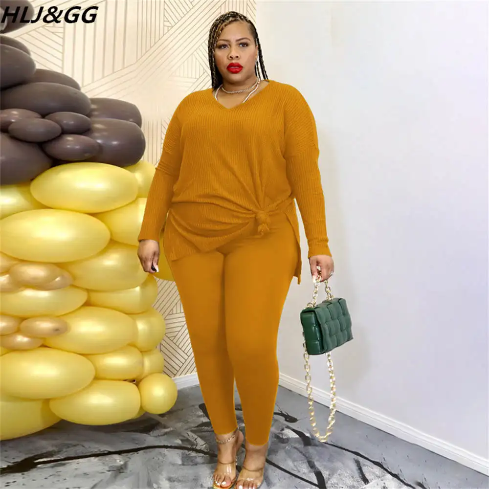 HLJ&GG Fall Winter Plus Size Tracksuits XL-5XL Women Round Neck Long Sleeve Side Slit Top And Skinny Pants Two Piece Sets Outfit