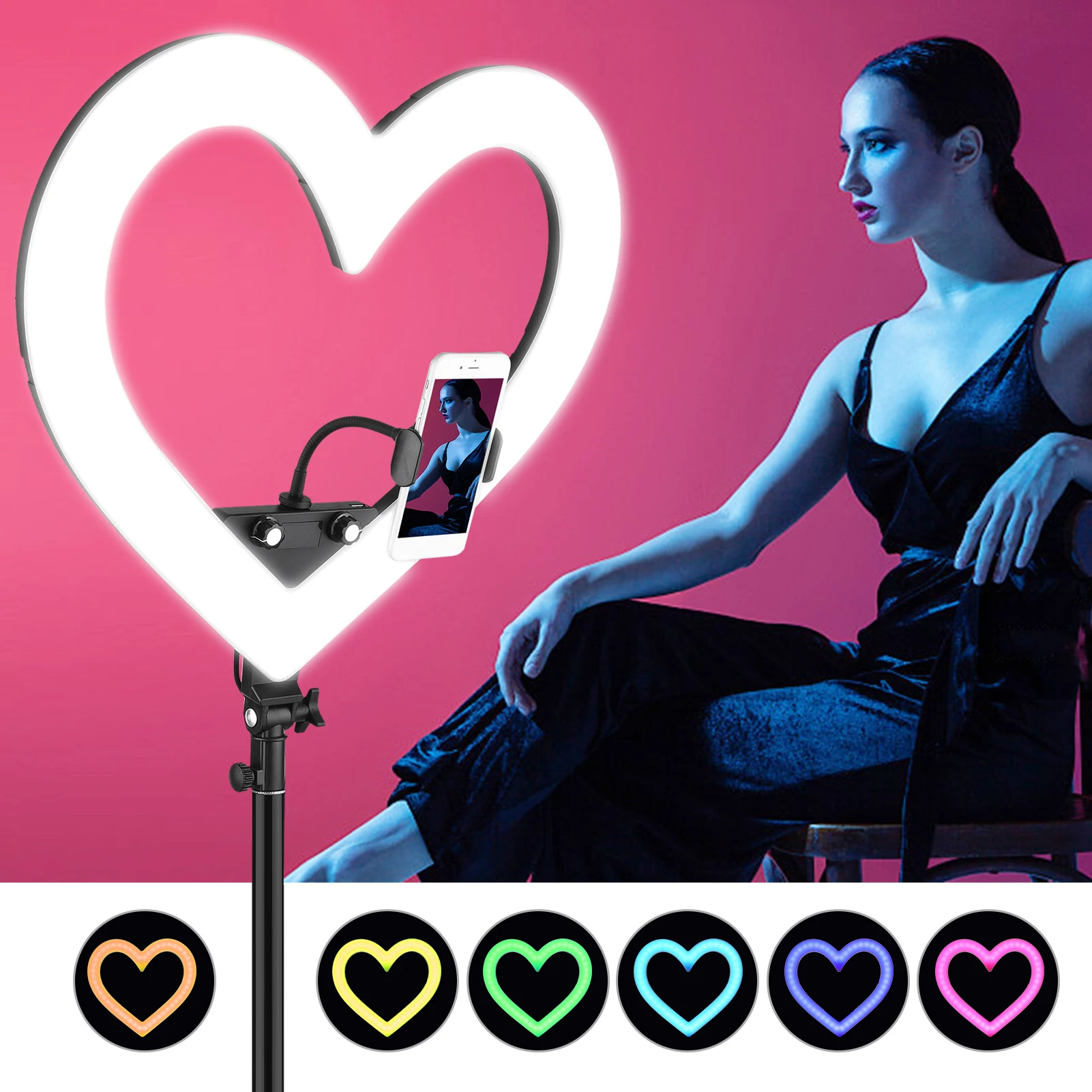 

19Inch RGB Colorful Heart-shaped Photography LED Video Light Fill Light CRI 90 3200-5600K 48W Phone Holder for Live Streaming