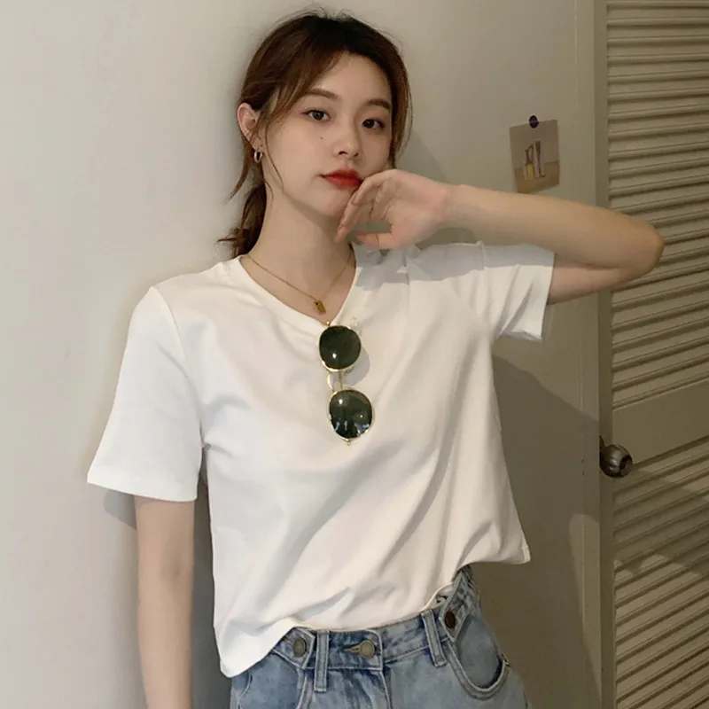Solid color fashion short-sleeved t-shirt feminine style base top female ins Korea edition 2023 summer loose thin t-shirt WHITE