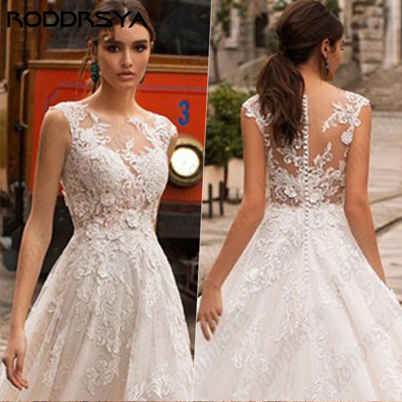 

RODDRSYA Elegant Scoop-Neck Wedding Dress For Women Boho Lace Appliques Bridal Gown Illusion Button Back A-line Vestido De Noiva