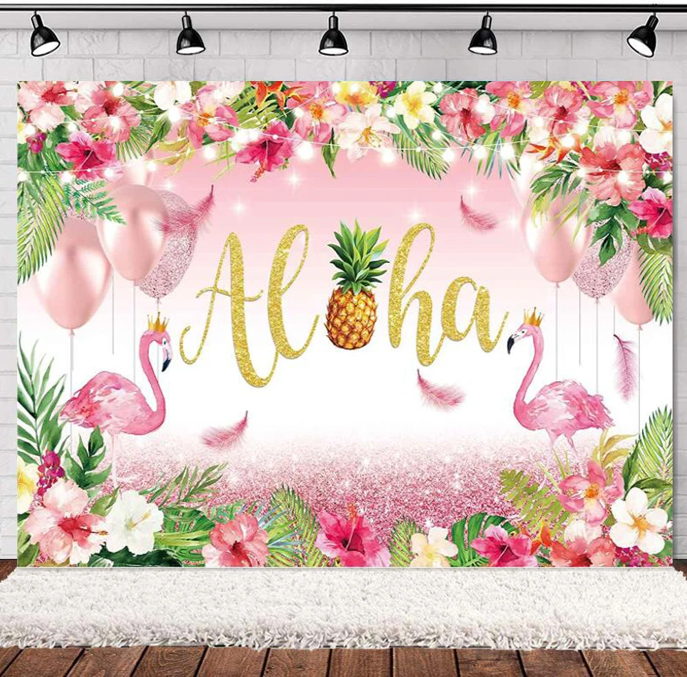 

Summer Aloha Party Photography Backdrop Pink Rose Gold Flamingo Tropical Hawaii Floral Background Luau Pineapple Birthday Decor