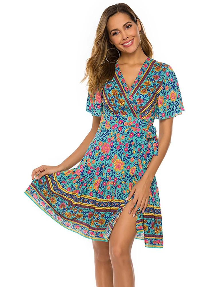

Fitshinling Deep V Neck Summer Wrap Dress Print Floral Sexy Pareo Beach Wear Bohemian Slim Sexy Robe Holiday Short Dresses Women