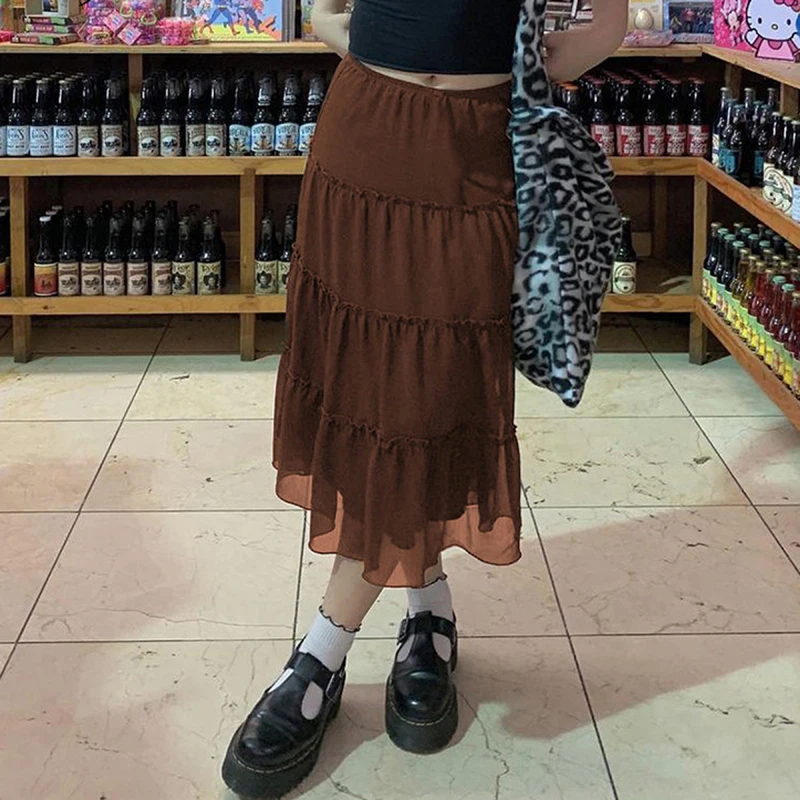 

Autumn Y2K Temperament Bust Skirt Girls Leisure Style Solid Color Stringy Selvedge Splicing Mesh Long Half Skirt