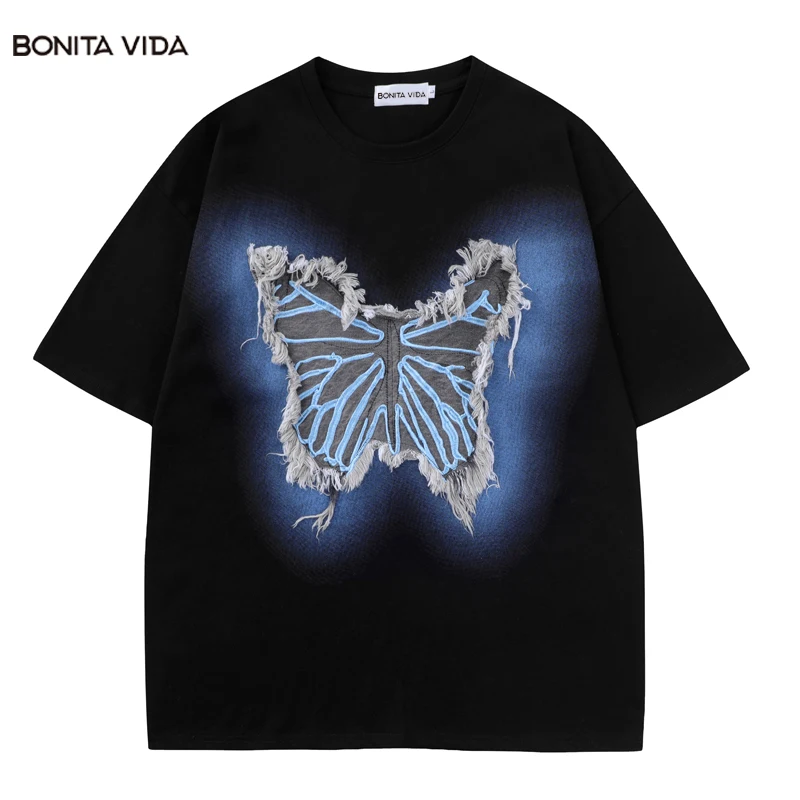 

Harajuku Streetwear TShirt Men Embroidery Butterfly Patch Cotton Tshirt Hip Hop Casual Loose Tee Shirts 2023 Summer Fashion Top