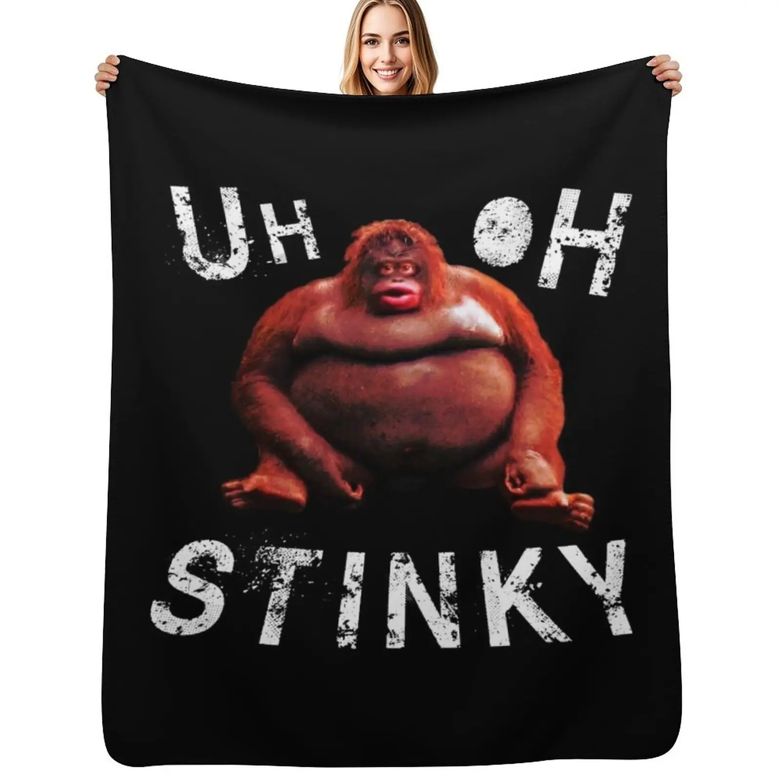 Фото Плед-покрывало с забавным мемом «Uh Oh Stinky Le Monke», теплый плед для сна и отдыха на офисном диване или кровати №1