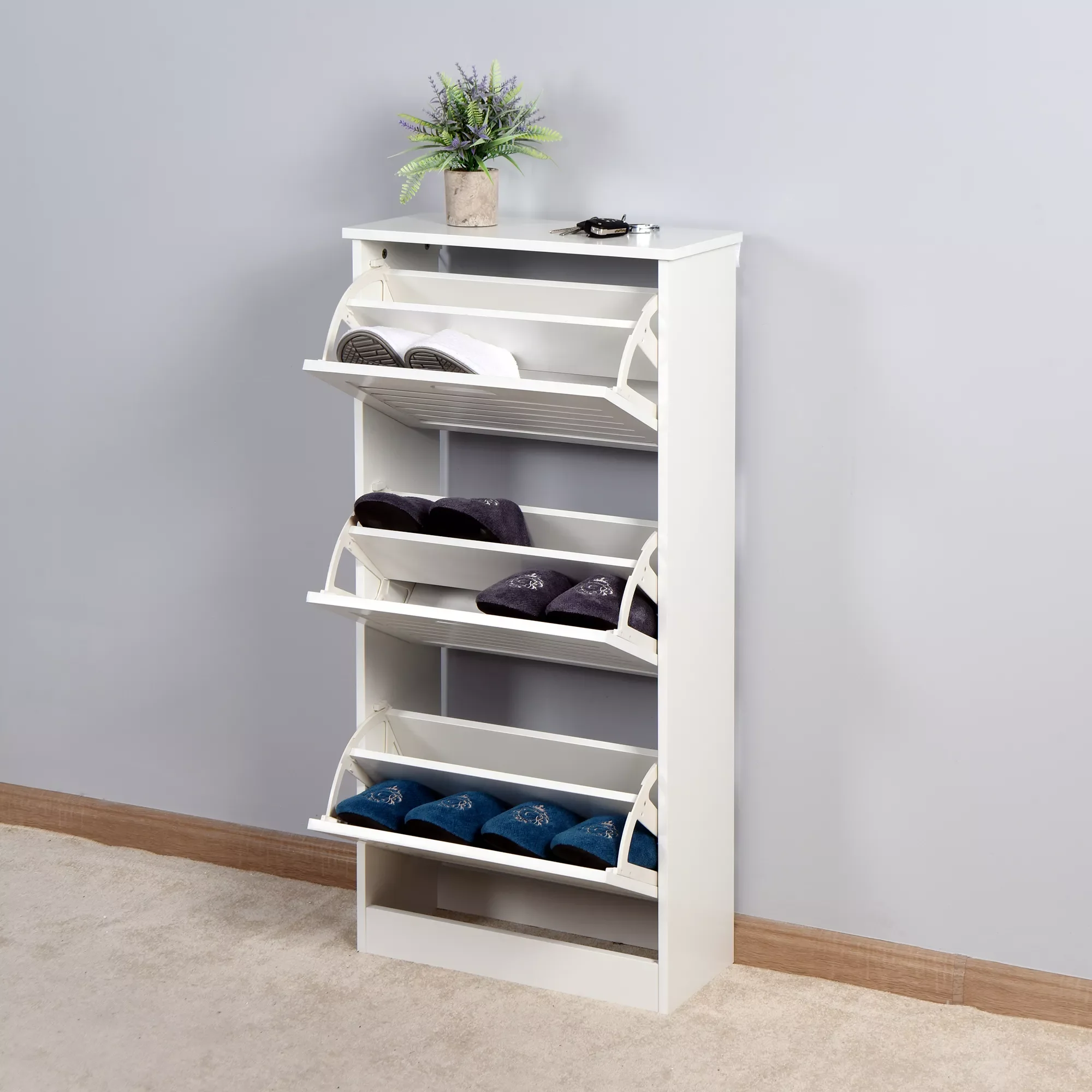 NEW Wooden Shoe Cabinet for Entryway White Shoe Storage Rack with 3 Flip Doors 20.94x9.45x43.11 Inch[US-W]