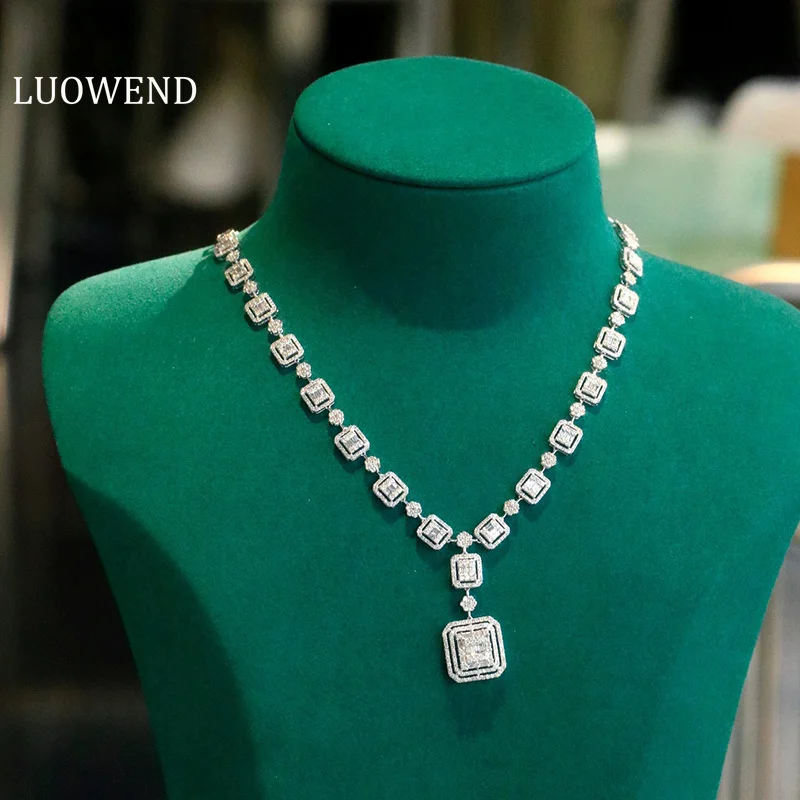 

LUOWEND Gemstone Fine 18K White Gold Necklace Real Natural Diamonds 5carat Pendant Luxury Multiple Wearing Methods for Women
