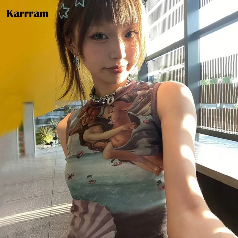

Karrram Y2k Aesthetics Tank Tops 2000s Harajuku Crop Tops Kawaii E-girls Patchwork Mesh Tops Vintage Renaissance Print Sheer Top
