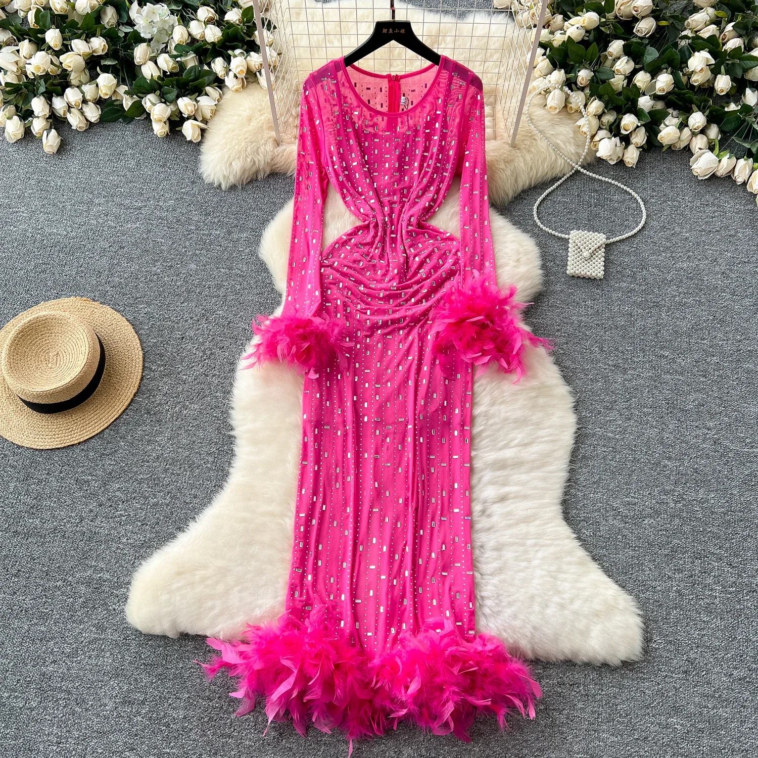 Женское винтажное платье с длинными рукавами и круглым вырезом