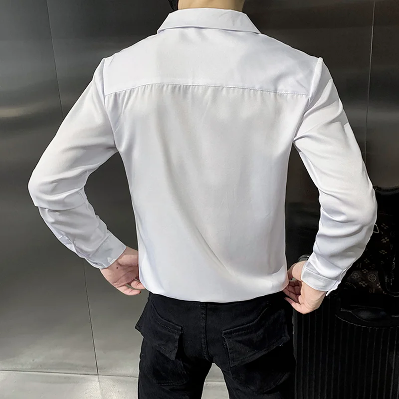 High Quality Solid Color Shirts for Men Long Sleeve Slim Casual Shirt Business Social Dress Shirt Show Party Tuxedo Man Clothing