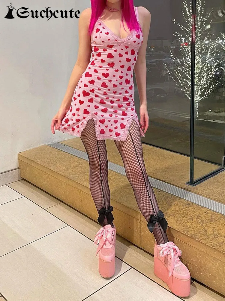

SUCHCUTE Kwaii Floral Printing Mini Dress For Women Vintage Fairycore Heart Party Dresses Sexy Lace Trim Casual Summer Clothes
