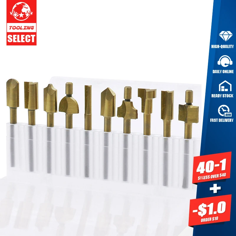 

10pcs HSS Router Bits Wood Cutter Slot Milling Rotary Tool Set 3mm Shank Titanium Plated Grinding Cutter Woodworking Trimmer
