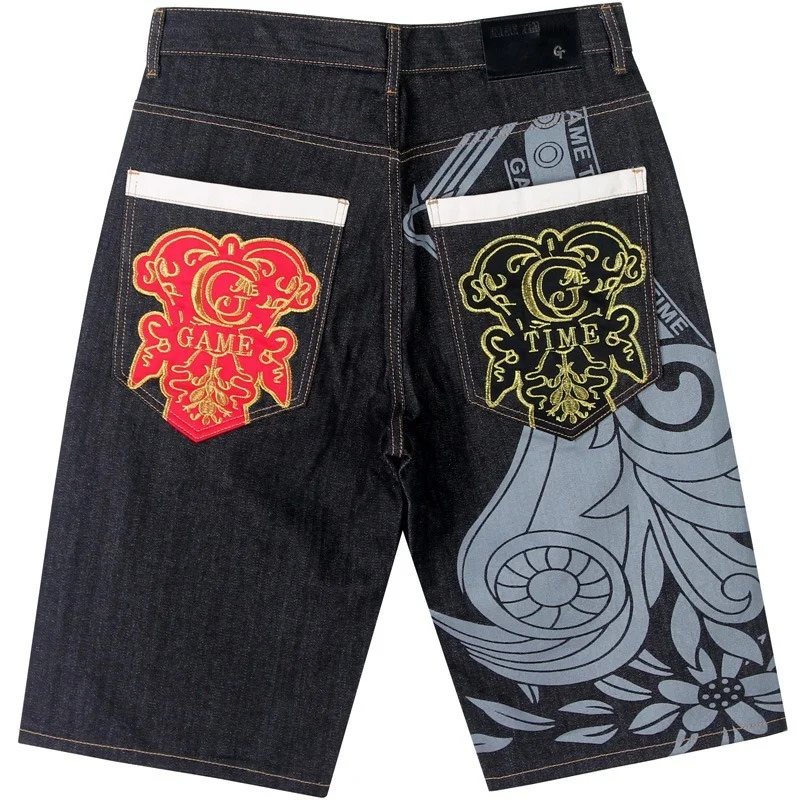 Summer Men's Wide Leg Denim Shorts Loose Straight Skating Pants Embroidered Printed Hip Hop Shorts Mid Pants Jeans Plus Size