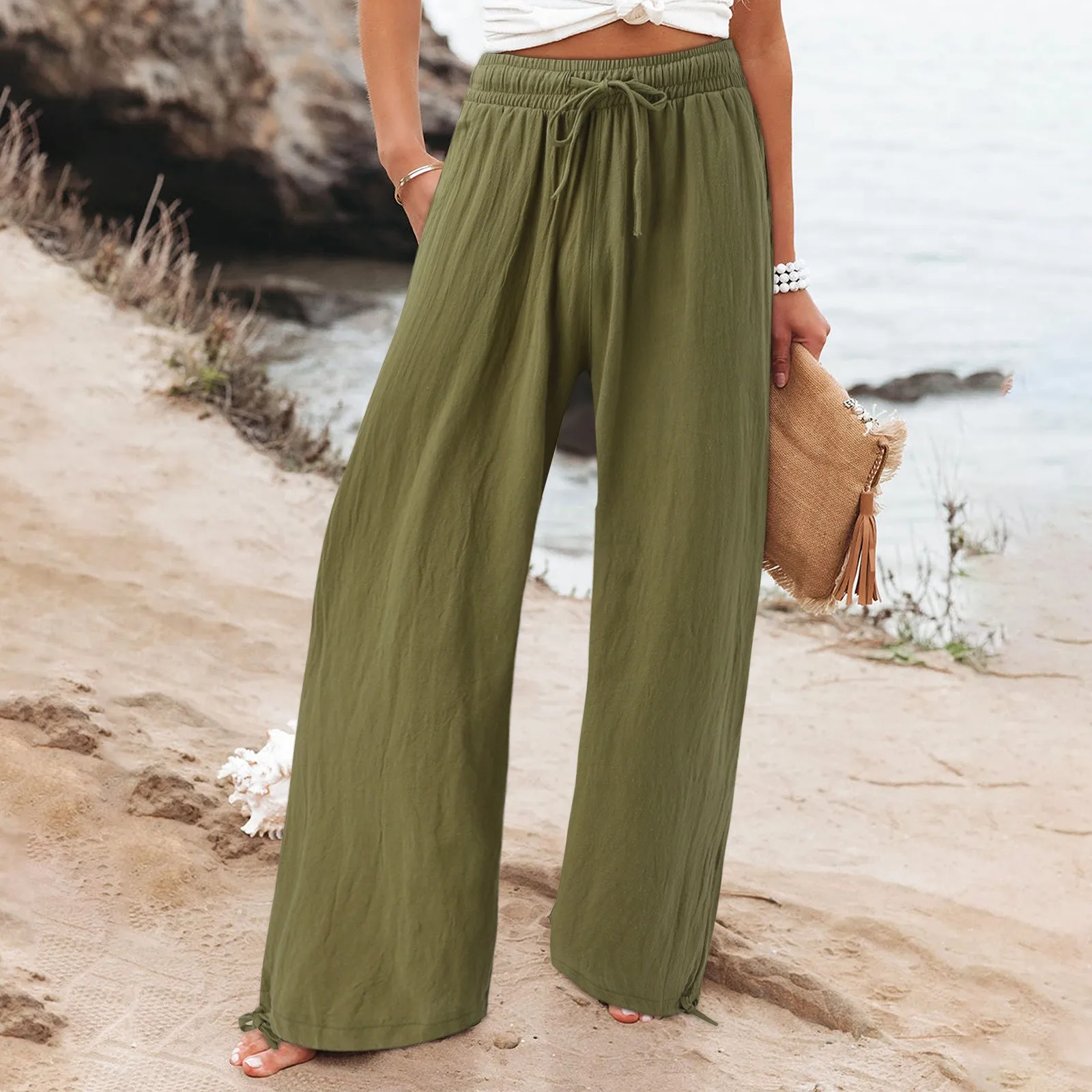 Summer And Autumn Women Cotton Line Casual Loose Pants Fashion Drawstring Elastic High Waist Pants Wide Leg Pants With Pockets